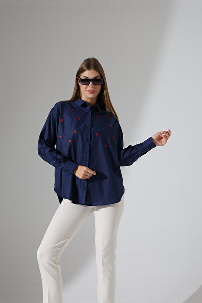 Corradeo Giyim Plus Size-Oversize Striped Poplin Fabric Heart Embroidery Detailed Epaulet Design Shirt