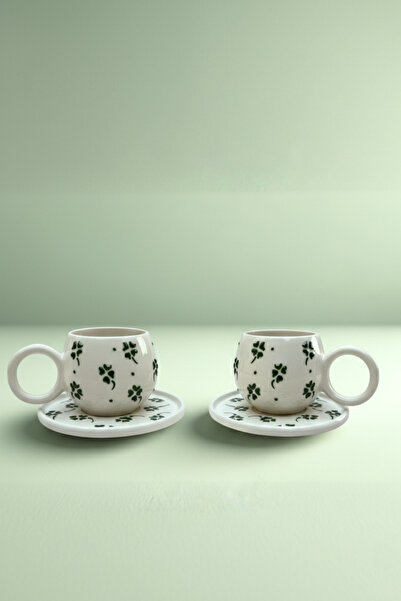 Home Şans Kupası Yonca Kabartmalı 2'li El Yapımı Ece Tabaklı Kupa Takımı– Kahve & Çay Fincanı Mug