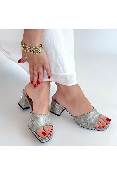 Selma Butik Bemy Çarşı Luart Platinum Glitter Heeled Slippers