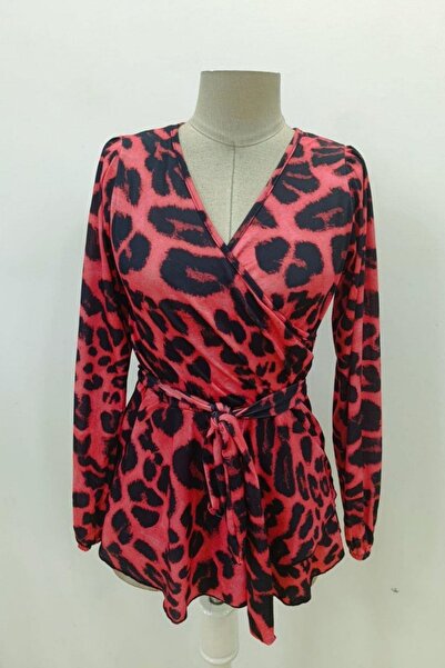 Mossta Long Sleeve Double Breasted Collar Leopard Print Single Jersey Blouse - Red
