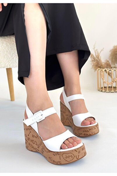 Selma Butik Riboy White Skin Wedge Heel Sandals