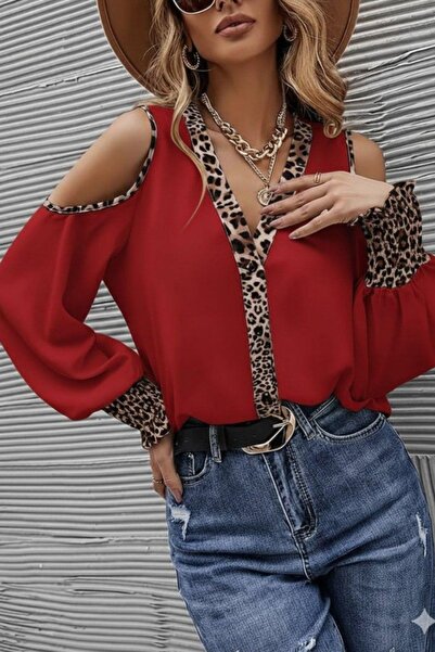 Mossta Omzu Open Shoulder Leopard Detailed Sandy Blouse - Red