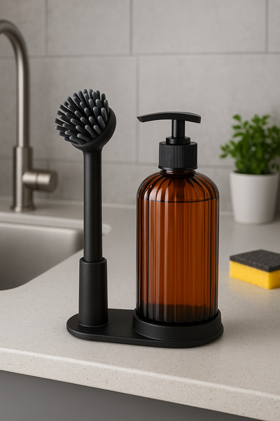 Orvila Liquid Soap Dispenser with Silicone Dish Brush and Stand - Detergent Dispenser 10X22 cm Amber Bottle