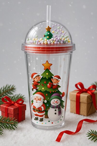 CHANCE GİFT New Year Concept Glass with Straw, Tree and Snowman Patterned Drink Water Cup, Mica Double Layer