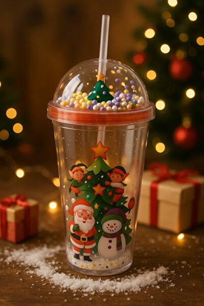 CHANCE GİFT New Year Concept Glass with Straw, Tree and Snowman Patterned Drink Water Cup, Mica Double Layer