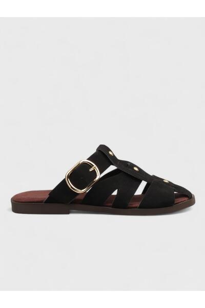 Sadık Yılmaz Women's summer flat slippers - 600 2501 - black suede