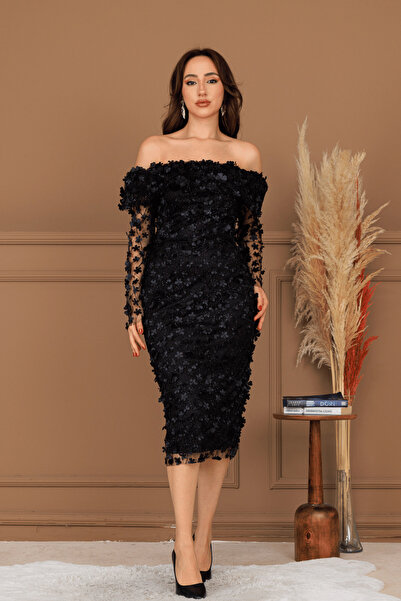 BEYBOS Φόρεμα Τριών Μεγεθών Floral Υφασμάτινο Μολύβι Λαιμού - ΜΑΥΡΟ