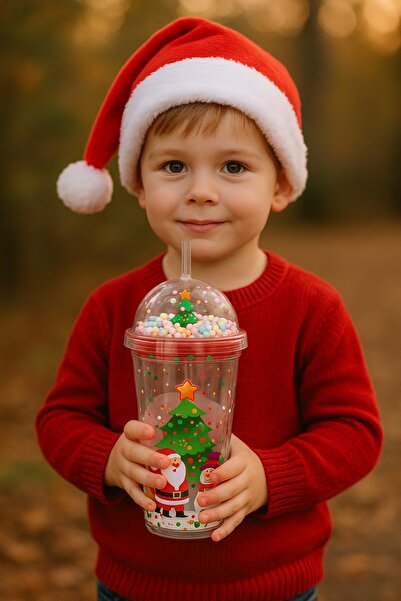 CHANCE GİFT New Year Concept Glass with Straw, Tree and Snowman Patterned Drink Water Cup, Mica Double Layer