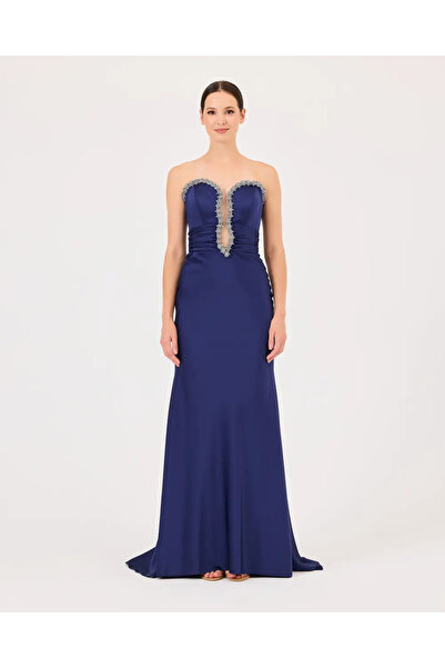 Donatella Stone Embroidered Fish Form Deep Neckline Satin Evening Dress