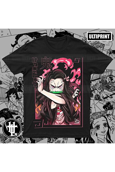 FG KONNİCHİWA Demon Slayer Anime Printed Unisex Black Tshirt
