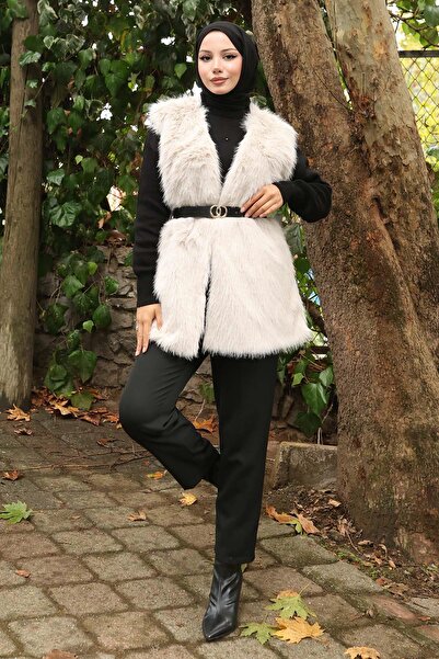 Modamihram Бяла кожена жилетка с колан 19372