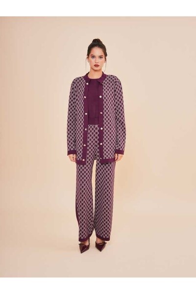 SERPİL Desenli Triko Üçlü Kadın Takım – Hırka, Bluz ve Pantolon 51093