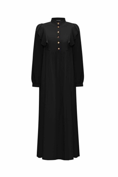 MISS DALIDA Yaka Detaylı Keten Cupro Siyah Elbise