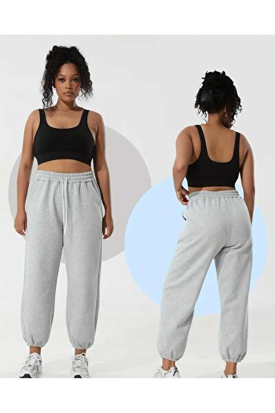 BERYY MODA Pantaloni de trening pentru femei, gri, de iarnă, cu manșete din l...