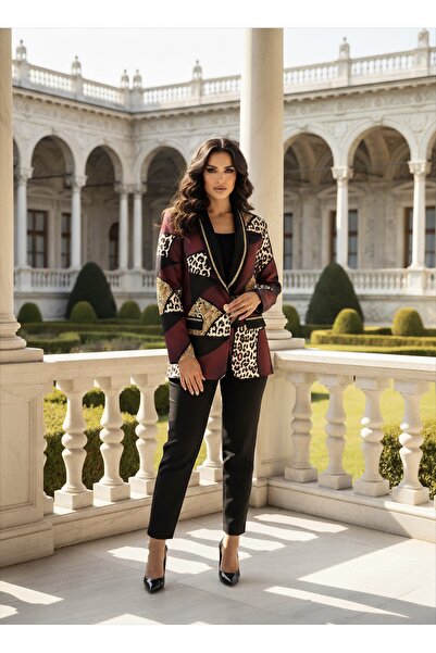 1Moda1Tarz Imported Fabric Leopard Print Gold Pattern Chain Detail Lined Special Design Stylish Jacket Pants Set