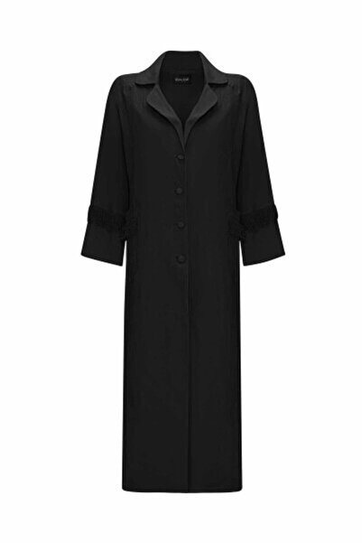 MISS DALIDA Püskül Detaylı Uzun Keten Siyah Ceket