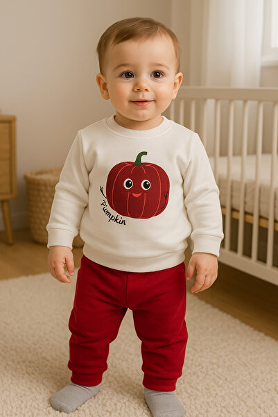 dinamik çocuk Baby Boy/Child Cute Pumpkin Embossed Patterned 2-Piece Set Top and Bottom 2-Thread Seasonal 6-9-12-18 Months