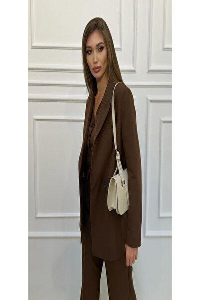 EFSUN MODA KADIN KAHVERENGİ BLAZER CEKET YELEK PANTOLON TAKIM ELBİSE 3LÜ