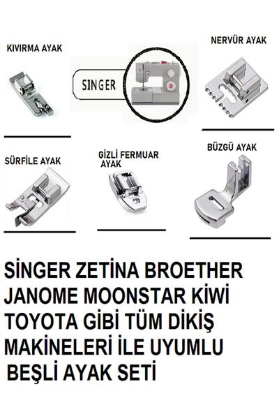 Swart Singer,zetina,brother Janome Beşli Ayak Set (nervür,kıvırma,sürfile,büzgü,gizli Fermuar Ayak)