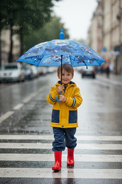 hak-iş oyuncak Uçak Desenli Mavi Düdüklü Erkek Çocuk Şemsiye – Uçak Figürlü , Kapalı Taşıma Kılıflı