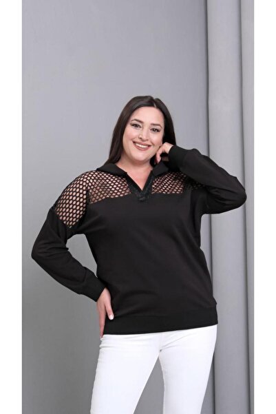 Seviliko Kadın Büyük Beden Taş Detaylı V Yaka Kapüşonlu Omuz Kafes File Detay...