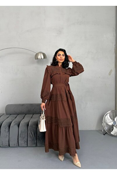 suphias Lace Detailed Lined Belted Atlas Fabric Dress