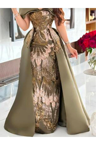Nice Model Olive Off-Shoulder Sequin Evening Gown Long Formal Prom Dress with Train Mikado Fabric Elegant