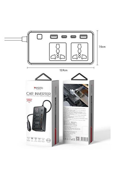 Yesido محول طاقة للسيارة VC07 بقدرة 200 واط مع حماية متعددة وUSB QC3.0+TC PD للشحن السريع