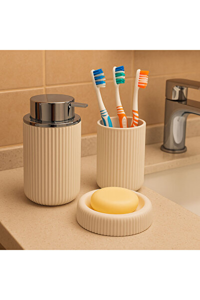SİHİRLİ AYAKLAR Lisbone 3-Piece Bathroom Set Liquid Soap Dispenser 400ml - Toothbrush Holder 425ml - Soap Dish