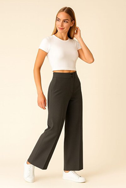 enmodaiçgiyim Promotion Price Dark Gray High Waist Wide Leg Palazzo Pants – Stretchy Textured Fabric, Wide Leg