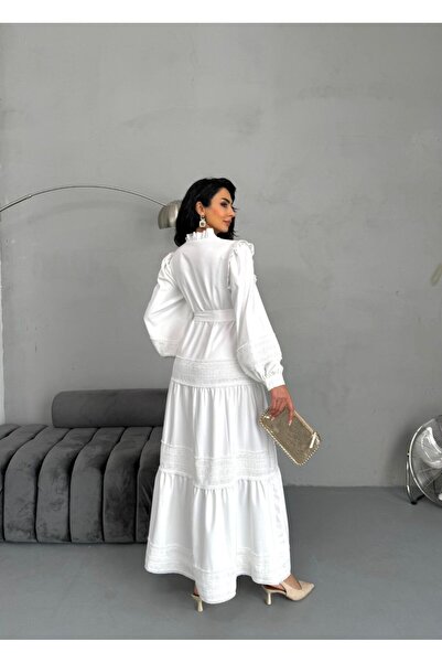 suphias Lace Detailed Lined Belted Atlas Fabric Dress