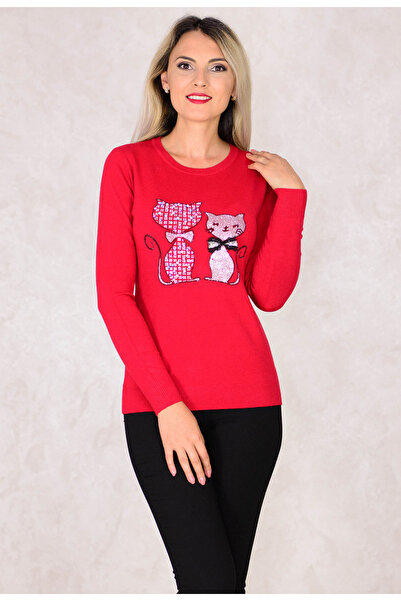 Elis Fashion Marble Cat Red Sweater