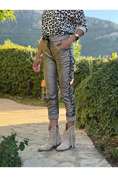 Punta Otantik NC21970 İtalyan Yanlar Leopar Detay Zımbalı Deri Pantolon Gri