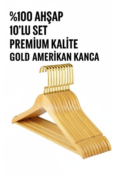 Faravis Atelier 10 Adet Ahşap Vernikli Askılık Elbise Gömlek Kıyafet Askısı Cilalı Amerikan Kanca Premium Kalite