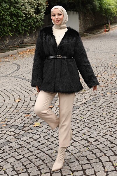 Modamihram Belted Fur Jacket Black 19278