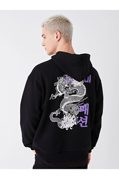 LC Waikiki Xside Black Long Sleeve Printed Men's Thick Hoodie