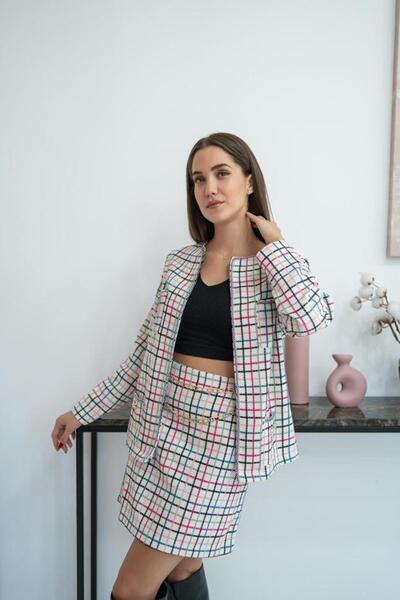 illusions Kadın Ekose Blazer Ceket & Mini Etek Takımı