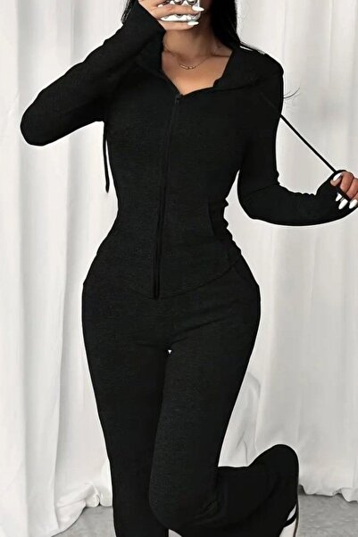 Mossta Lace-Up Zippered Viscose Two Thread Blouse Pants Two Piece Set - Black