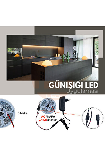 AmberLED 3 Metre Günışığı 3000K Şerit LED Tak Çalıştır Hazır Set Çıt Çıt Anahtar ve Adaptör Dahil