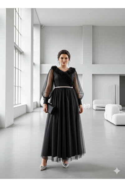 Robes Büyük Beden Siyah Tül Abiye Elbise Uzun Tesettür Söz Nişan Mezuniyet Elbisesi Fırfırlı Yaka-554