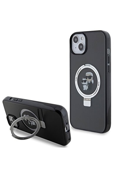 Karl Lagerfeld Husă pentru iPhone 14, Husă rigidă cu inel și suport MagSafe - Neagră