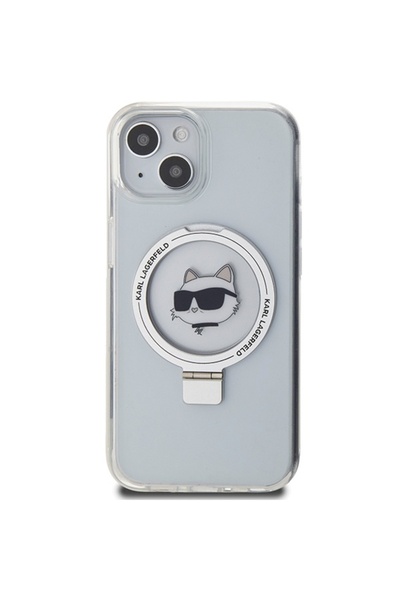 Karl Lagerfeld Θήκη για iPhone 14 Plus / 15 Plus, Σκληρή θήκη MagSafe με βάση στήριξης δαχτυλιδιών - Λευκή κεφαλή Choupette