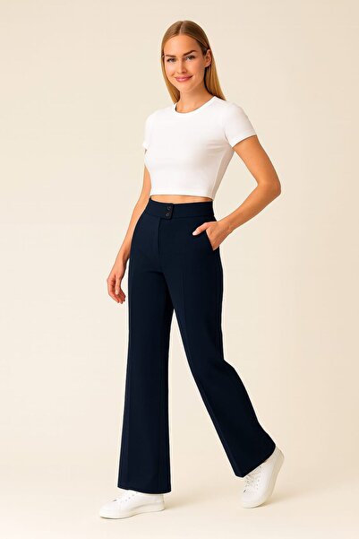 enmodaiçgiyim Promotional Price Navy Blue High Waist Wide Leg Palazzo Pants – Stretchy Textured Fabric, Wide Leg