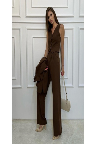 EFSUN MODA KADIN KAHVERENGİ BLAZER CEKET YELEK PANTOLON TAKIM ELBİSE 3LÜ