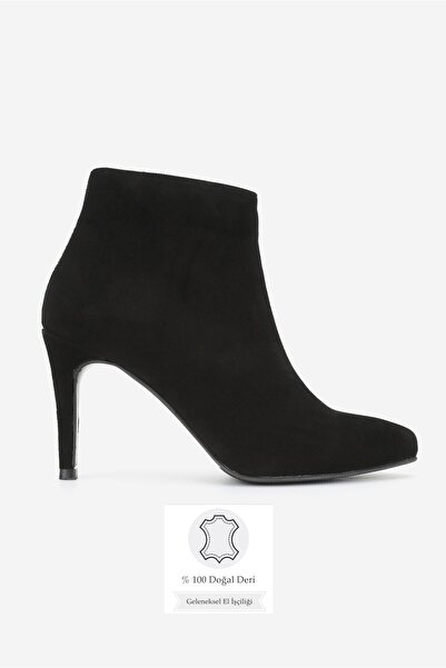 TUNAELLİ KADIN SİYAH SÜET HAKİKİ DOĞAL DERİ 35-40 NUMARA İNCE TOPUKLU SİVRİ BURUNLU BOT & BOOTİE