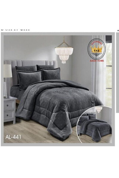 Un Luxury 6-piece double-sided velvet winter comforter - two elegant sides, one plain and one embroidered - dark gray