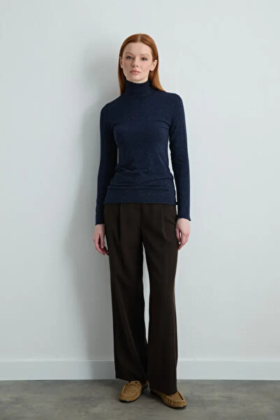 Gusto Turtleneck Cashmere Glitter Blouse - Navy Blue