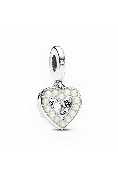 Lux Design 925 Ayar Gümüş İnci Taşlı Kalp Çift Sallantılı Charm