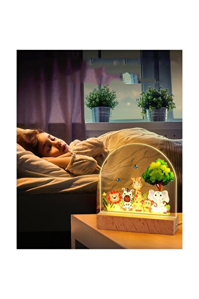Faithorse Lampa de veghe pentru copii cu baza din lemn, desen animale, lumina calda led, cadou botez, design s