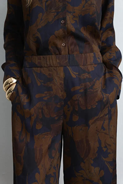 Gusto Anka Koleksiyonu Bol Paça Viskon Saten Pantolon - Kahverengi